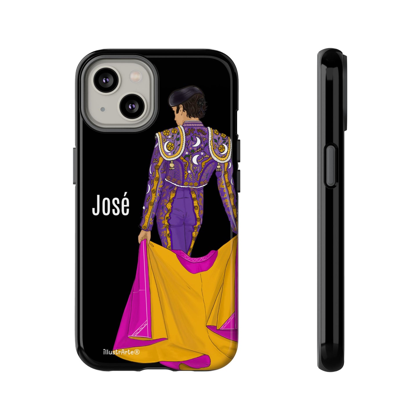 Personalized phone case featuring bullfighter José on a green background – for iPhone, Samsung, Pixel