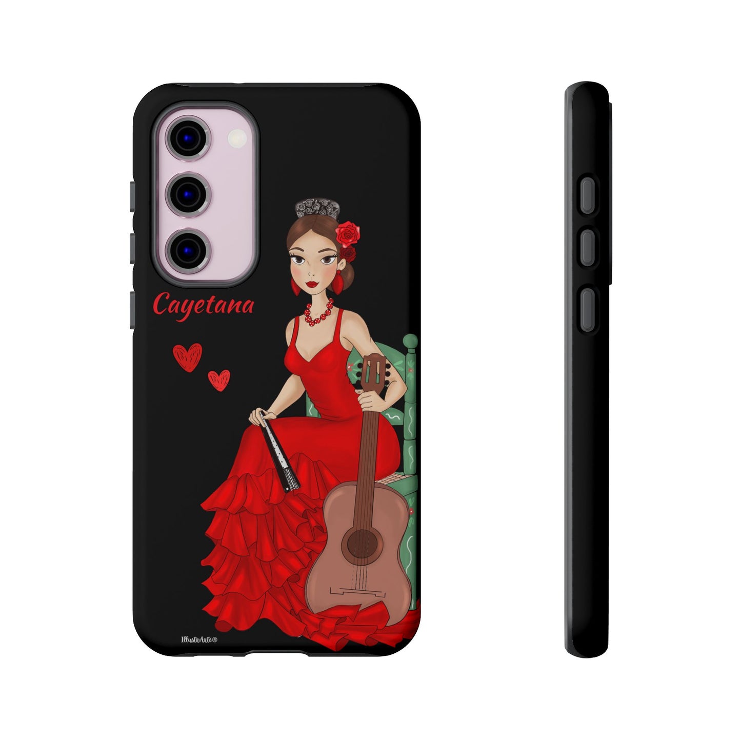 una funda de teléfono con una mujer en un vestido rojo sosteniendo una guitarra