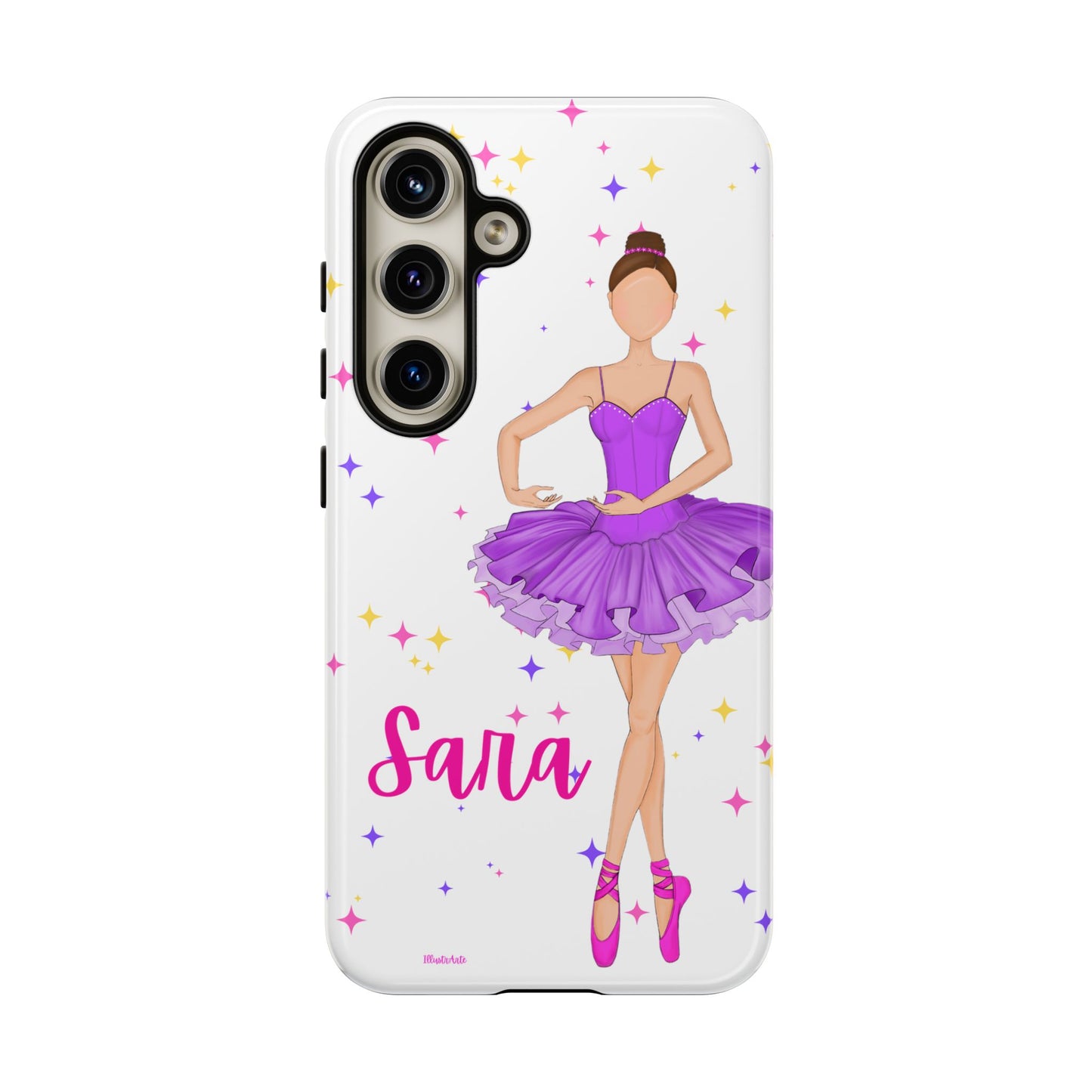 una funda de teléfono con una bailarina púrpura en ella