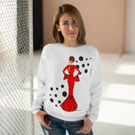 a woman wearing a jumper with a red dress