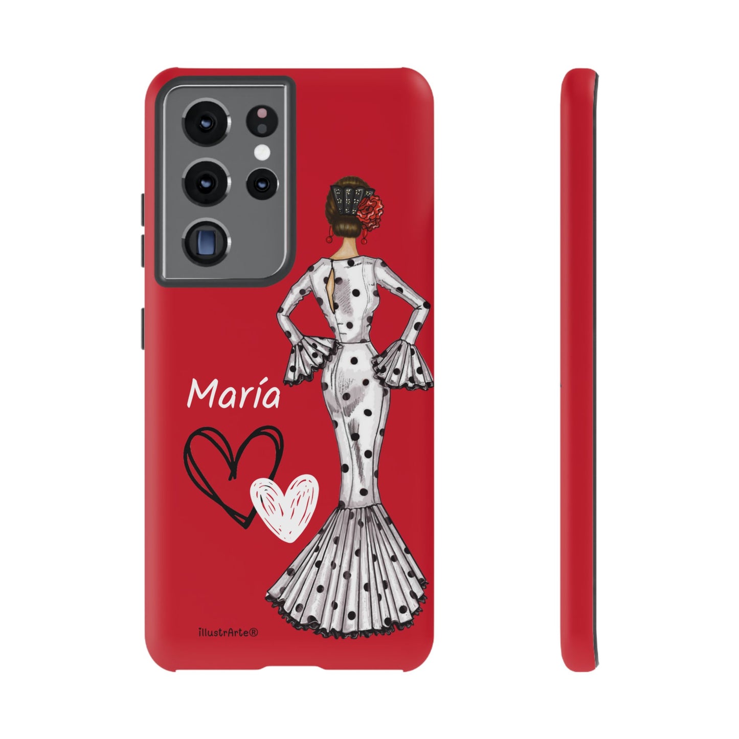 Personalized Maria phone case, white with red hearts background – for iPhone, Samsung, Pixel