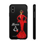 Personalised phone case flamenco dancer María, red dress, with a little Virgin Mary for iPhone XS, gloss finish – illustrArte