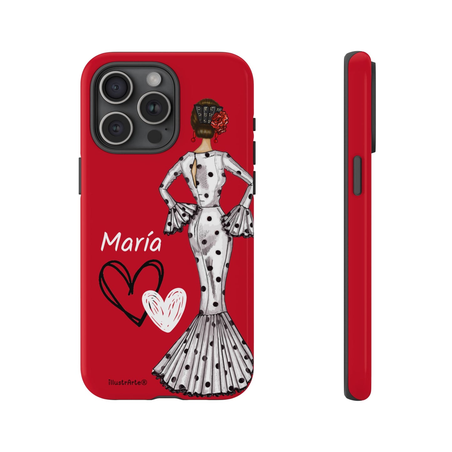 Personalized Maria phone case, white with red hearts background – for iPhone, Samsung, Pixel
