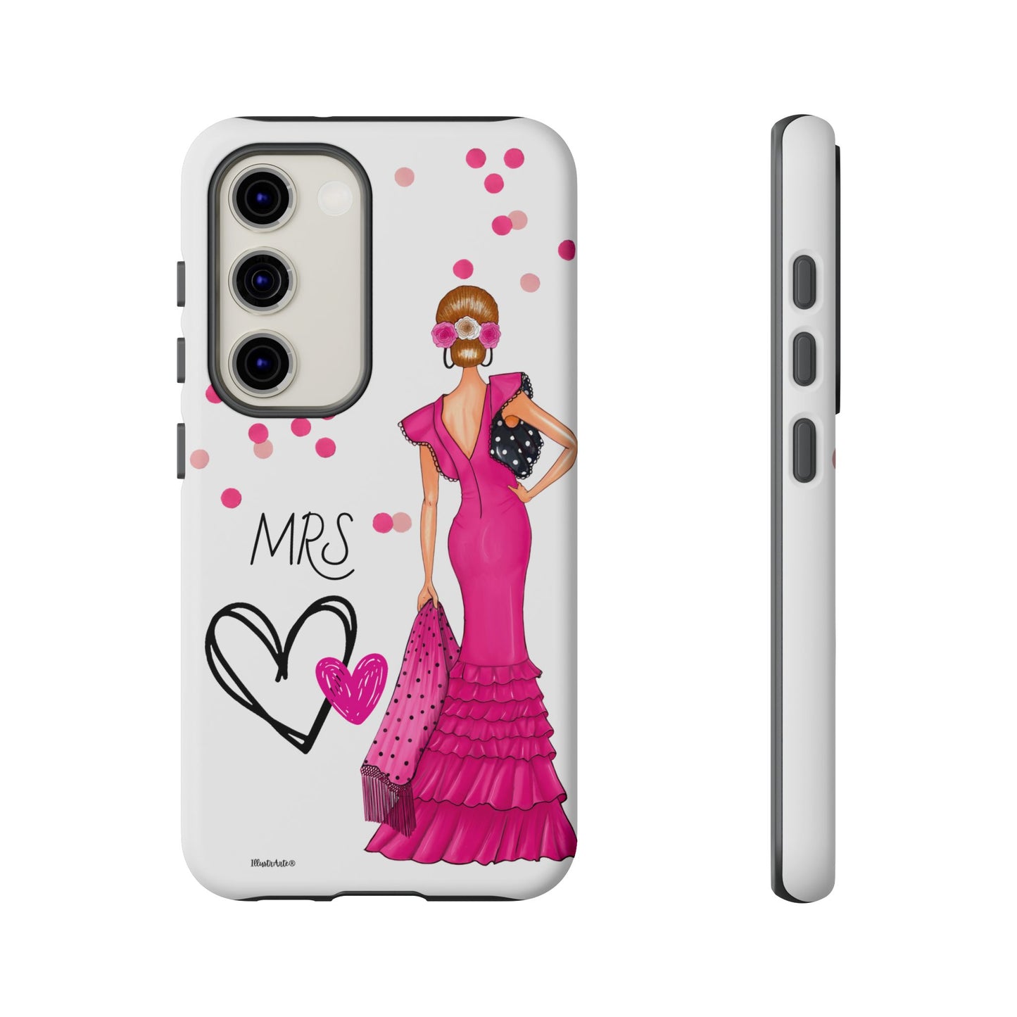 una funda de teléfono con una mujer en un vestido rosa