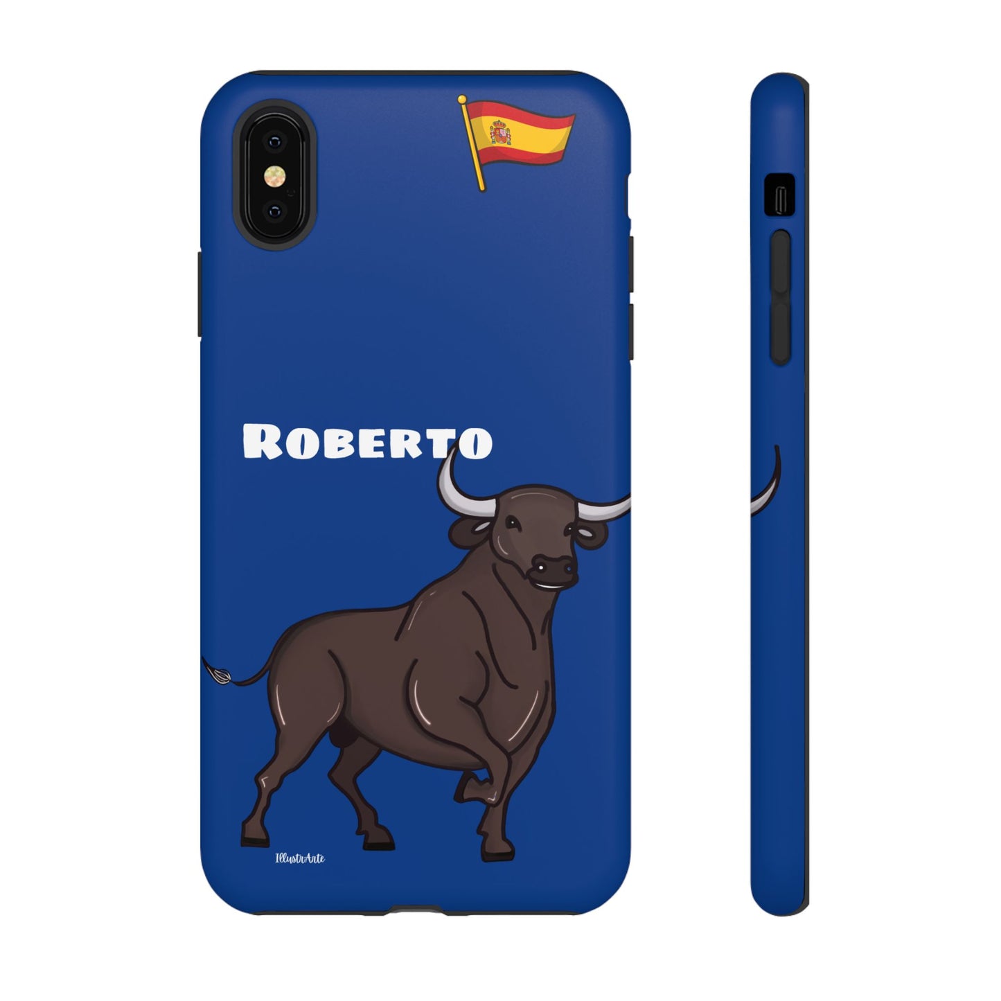 Funda de teléfono personalizable con nombre/bandera/Virgen - Modelo Toro Roberto sobre fondo azul, un regalo original y auténtico.