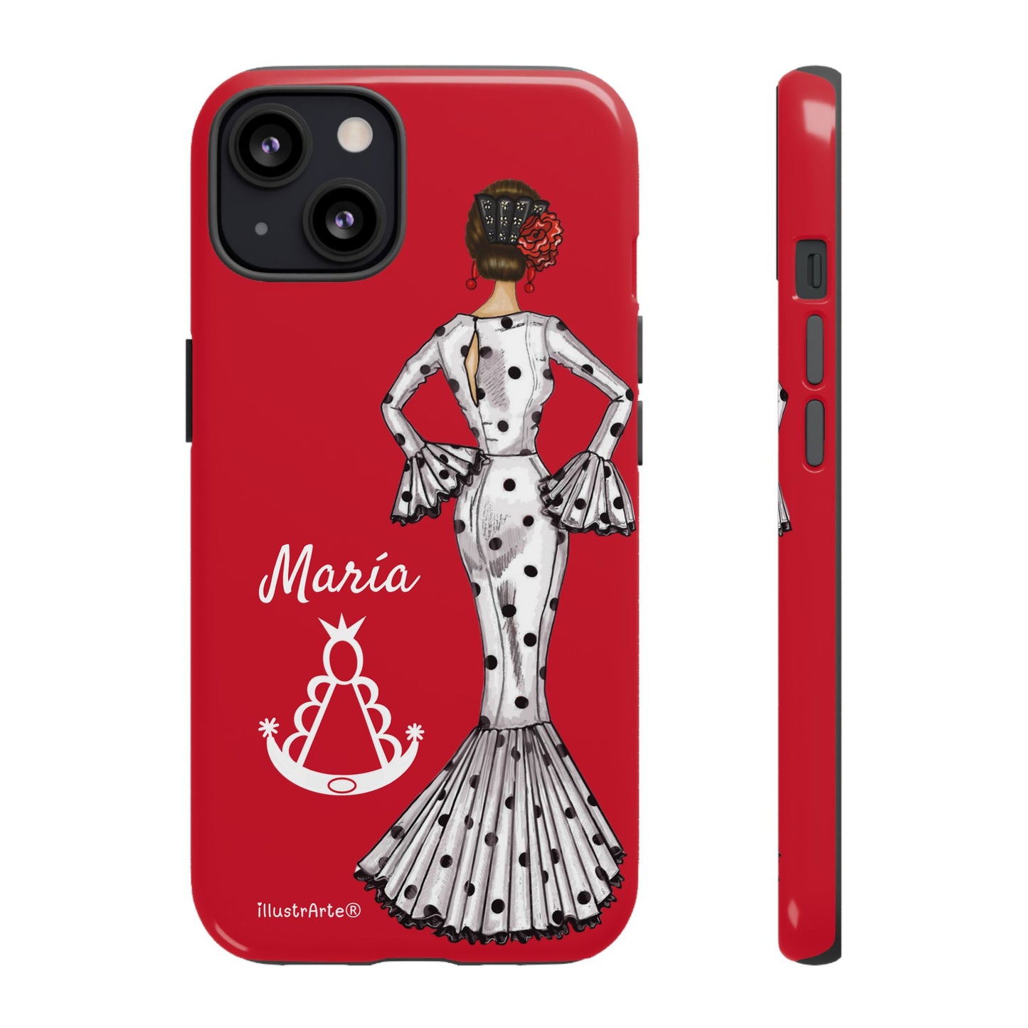 Capa de telefone personalizável com nome/bandeira/Virgem - modelo White Mary com Virgen del Rocío para iPhone, Samsung e Google Pixel
