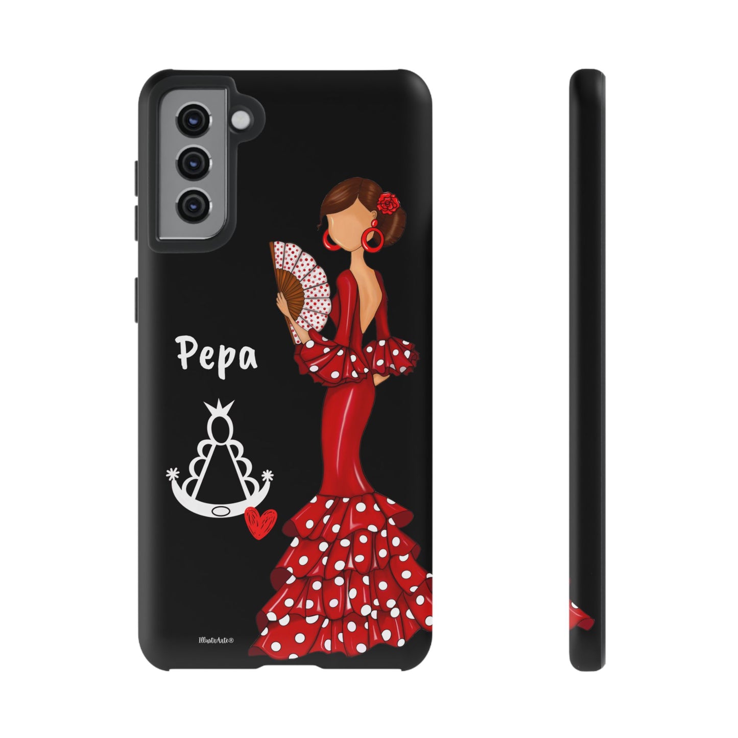 Personalized Pepa phone case on a black background with the Virgin Mary – for iPhone, Samsung, Pixel