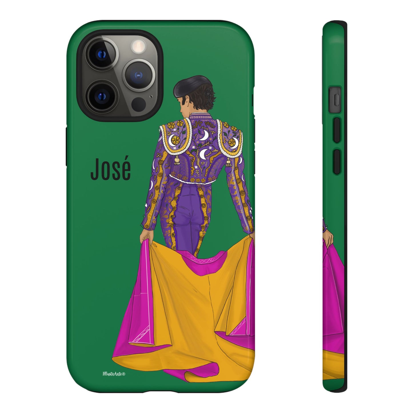 una funda de teléfono verde con una imagen de un hombre en un atuendo púrpura y amarillo