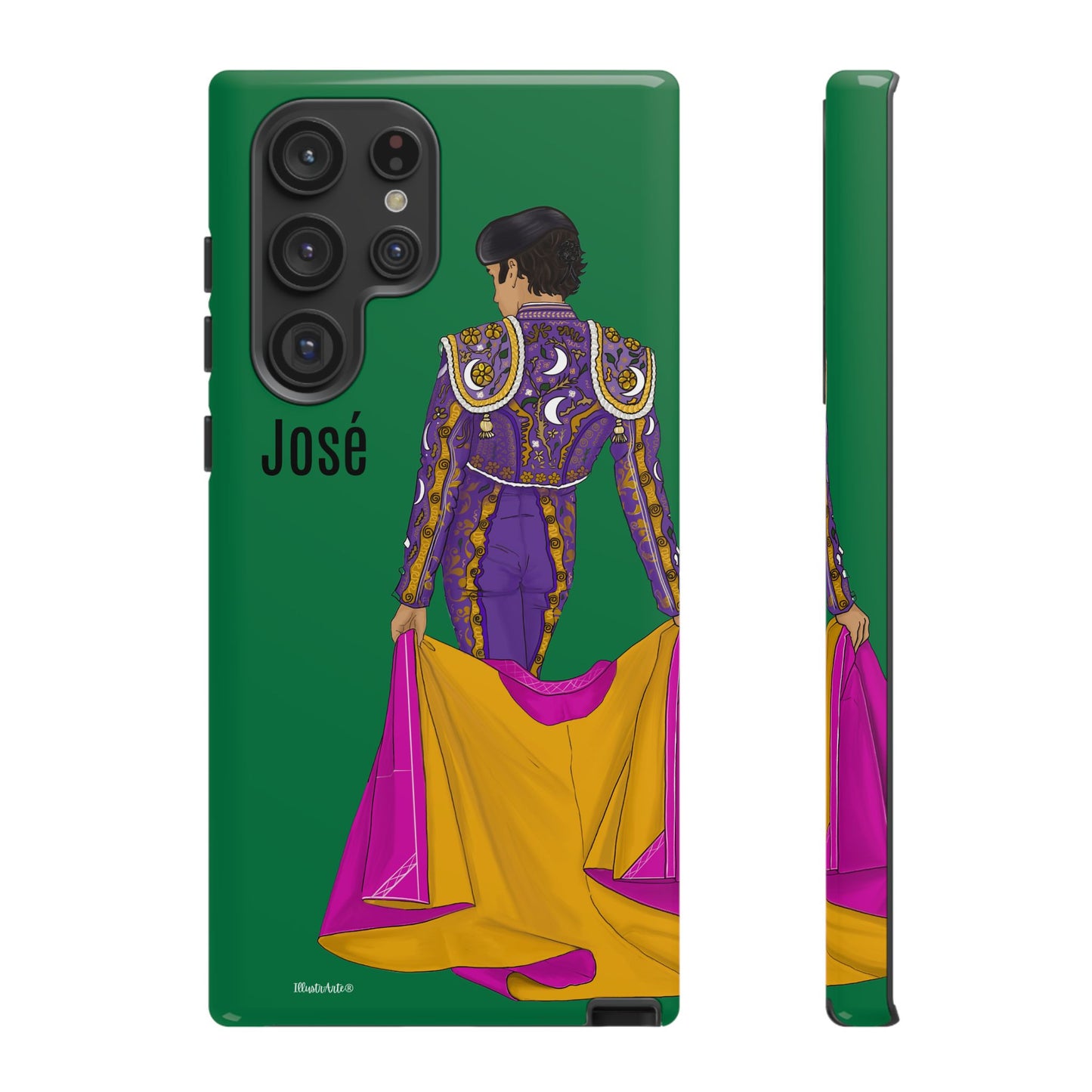 una funda de teléfono verde con una imagen de una mujer en un atuendo púrpura y amarillo