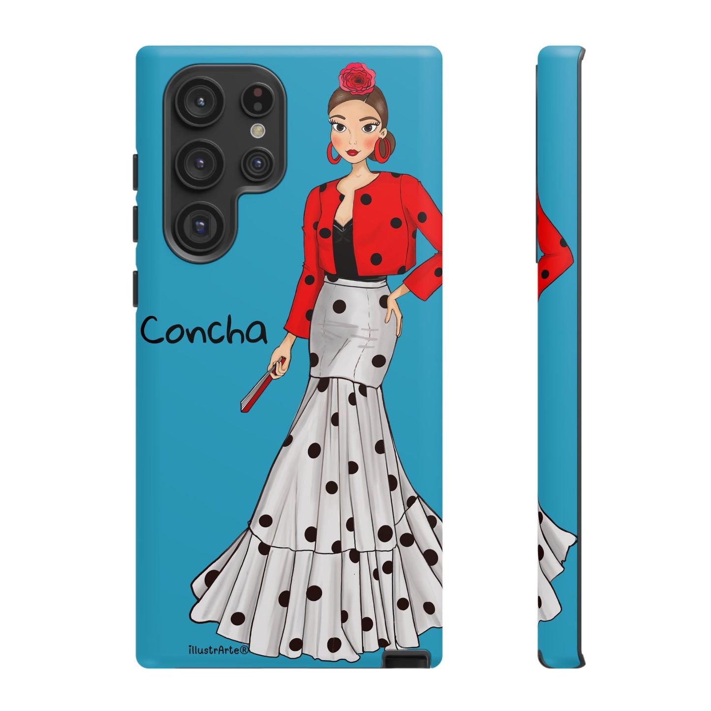 Funda de teléfono personalizable, Modelo Conchita con fondo azul, que añade un toque de alegría a tu día.