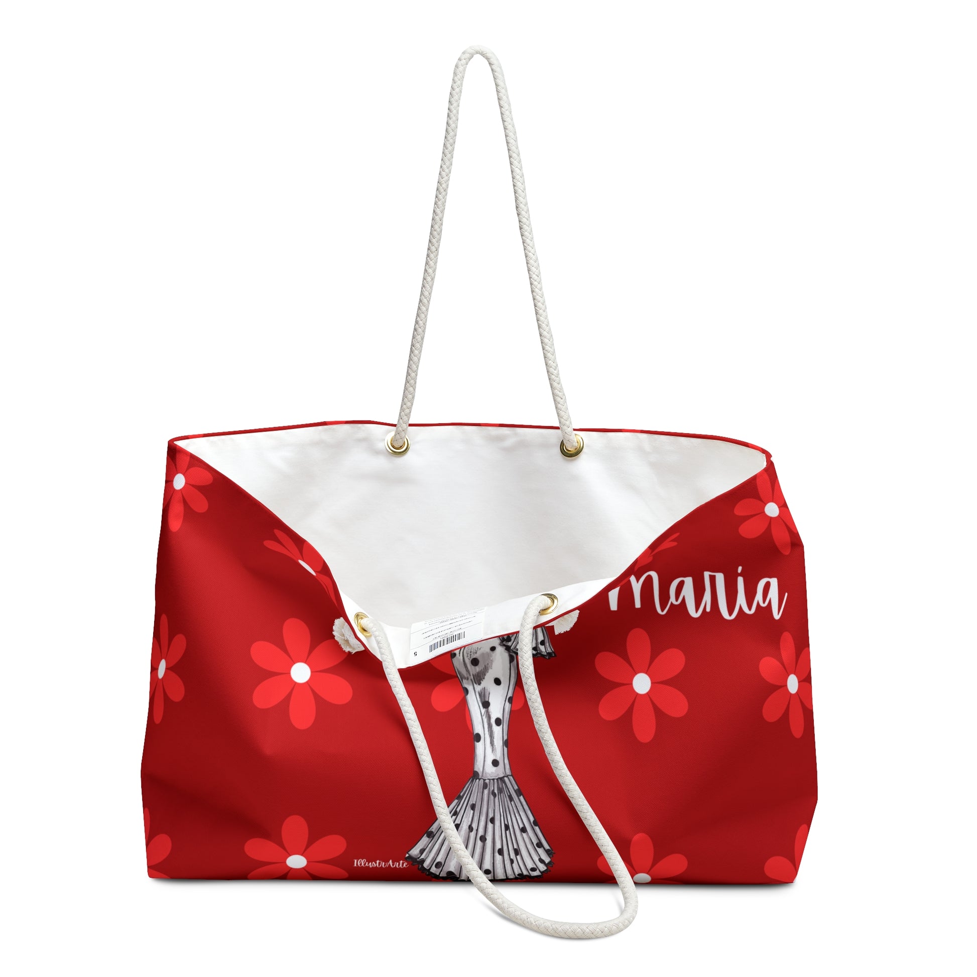 a red and white bag with a woman's name on it