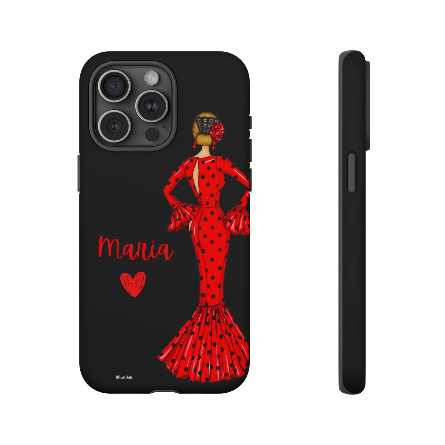 una funda de teléfono con una mujer en un vestido rojo