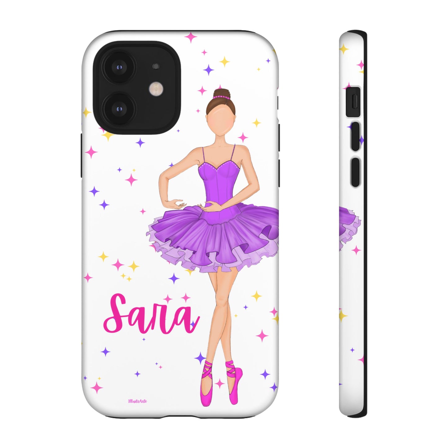 una funda de teléfono con una bailarina en púrpura