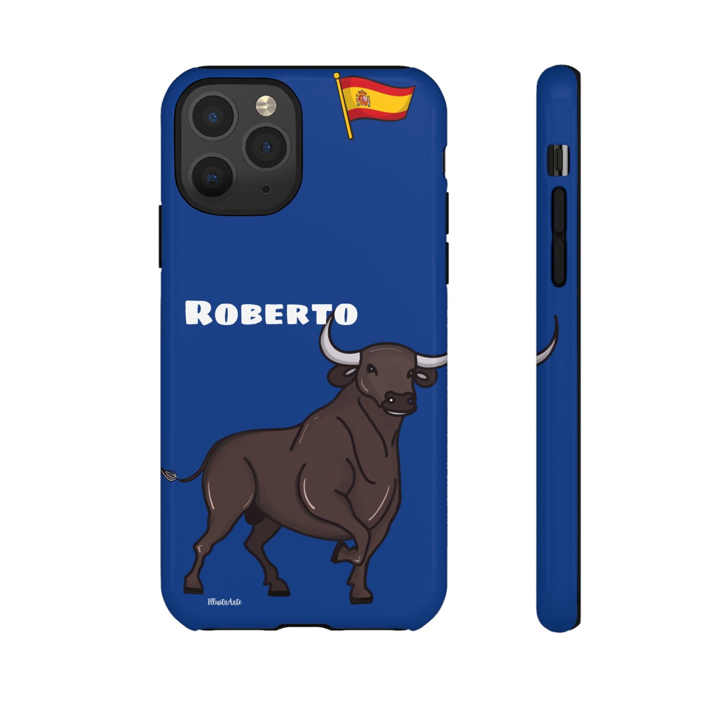 Funda de teléfono personalizable con nombre/bandera/Virgen - Modelo Toro Roberto en vista completa, presenta su diseño vibrante.