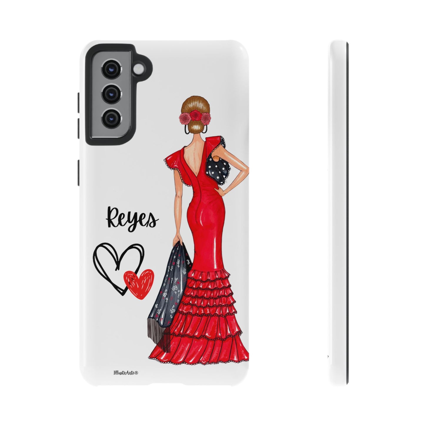 una funda de teléfono con una mujer en un vestido rojo