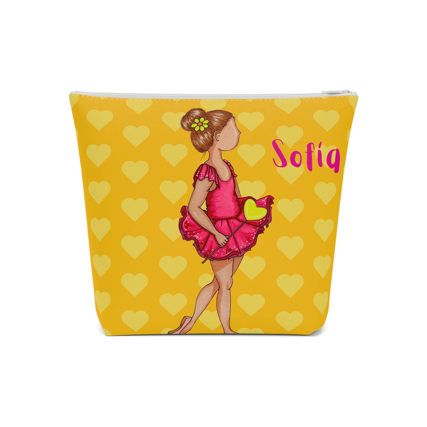 a yellow cosmetic bag with a picture of a woman in a pink dress