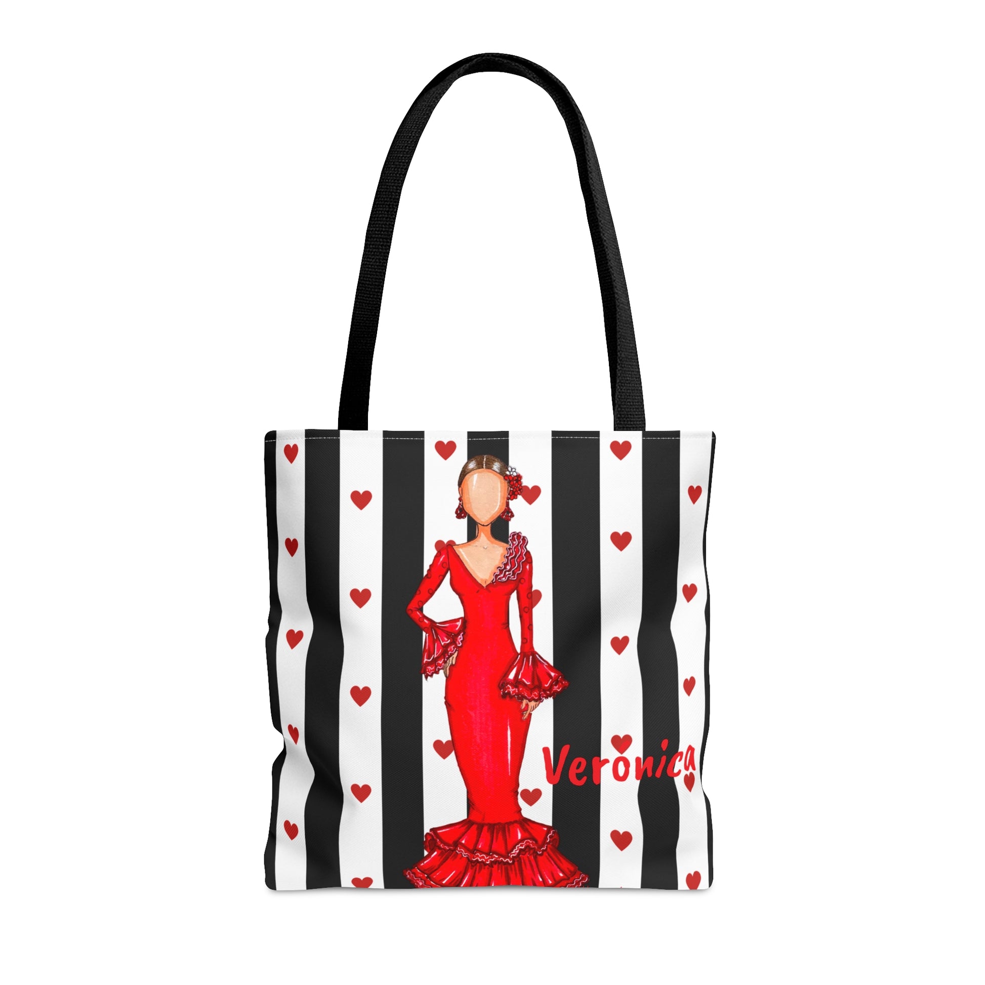 Flamenco lover Tote Bag, fabric tote bag with white black and white stripes background and a flamenco dancer in a red dress. Choose between 3 sizes. - IllustrArte