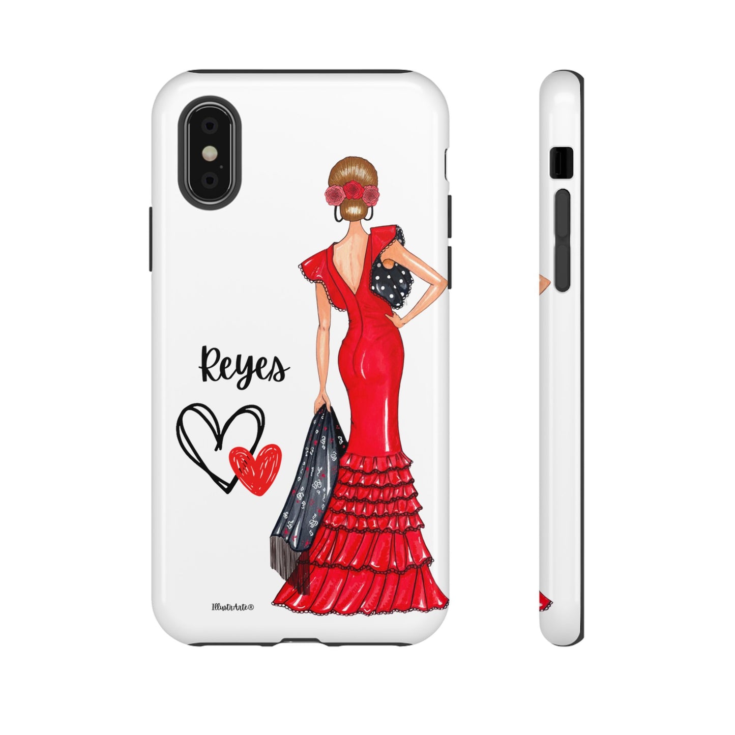 una funda de teléfono con una mujer en un vestido rojo