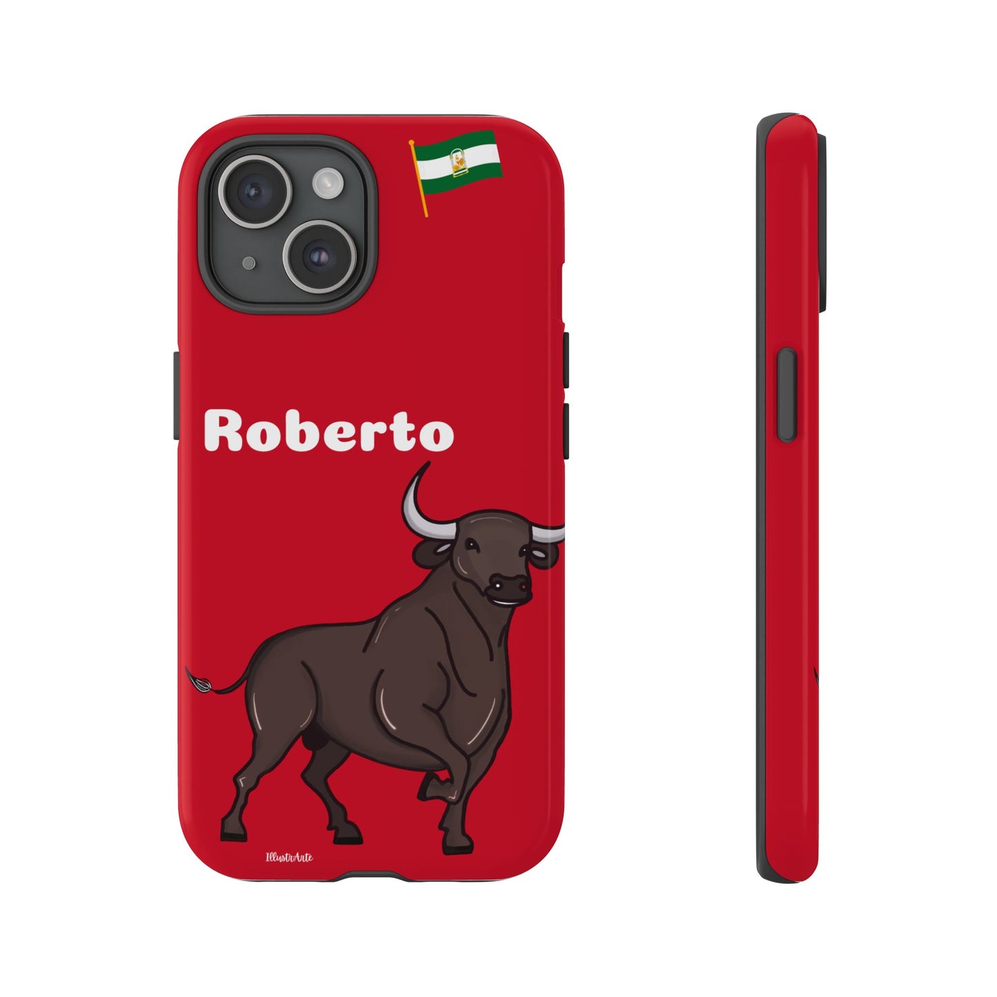 una funda de teléfono roja con un toro en ella