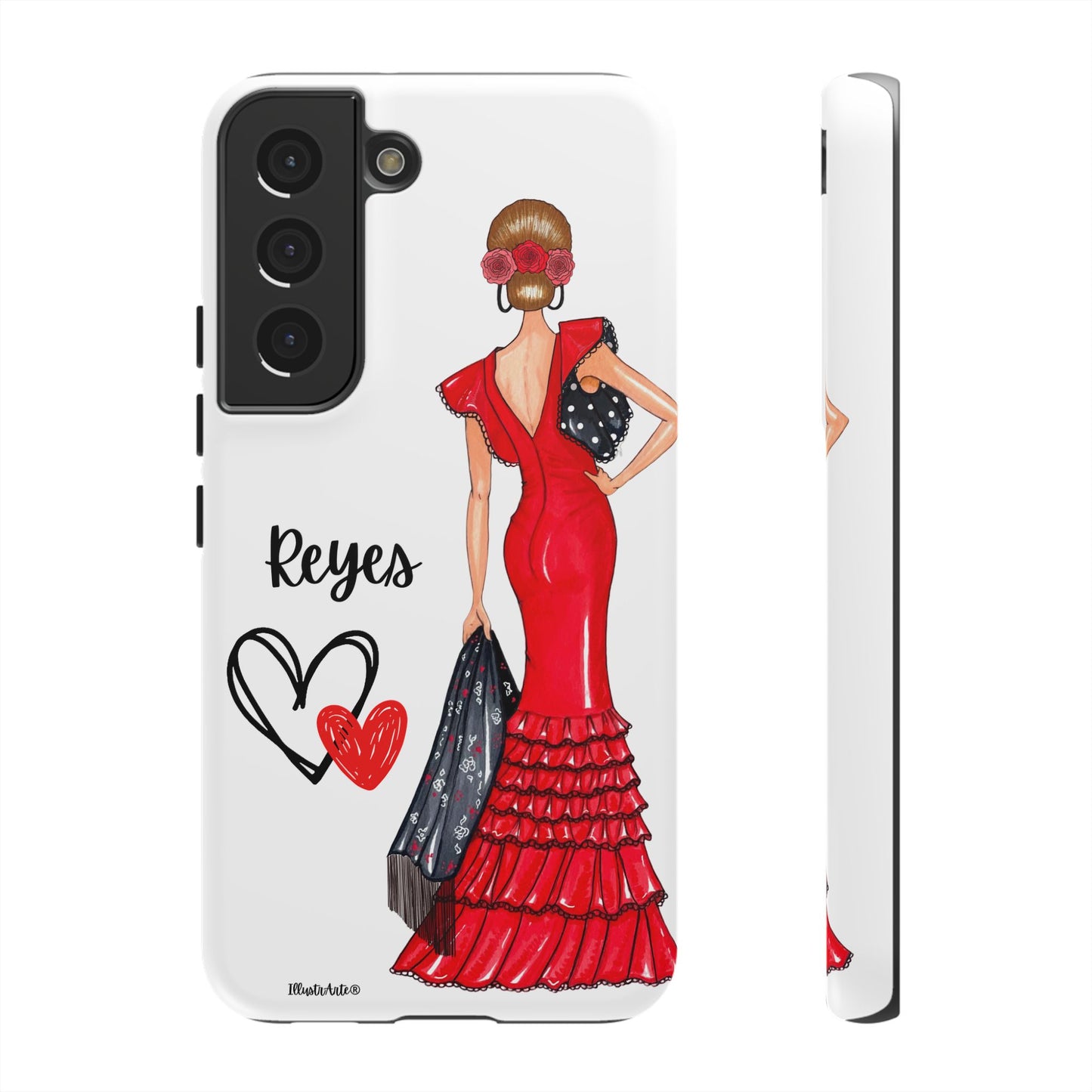 una funda de teléfono con una mujer en un vestido rojo