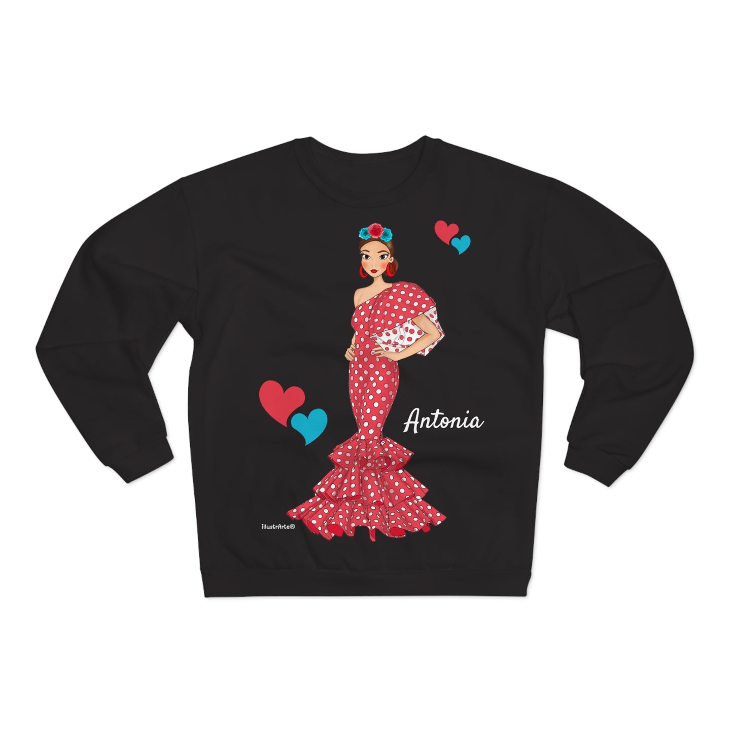 Sudadera Personalizable  - Flamenca Antonia, fondo negro - Arte, color y comodidad en una sola prenda