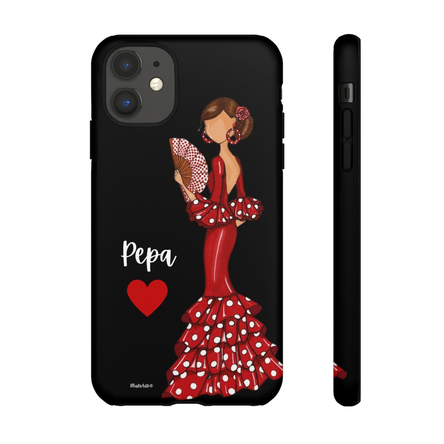 una funda de teléfono con una mujer en un vestido rojo