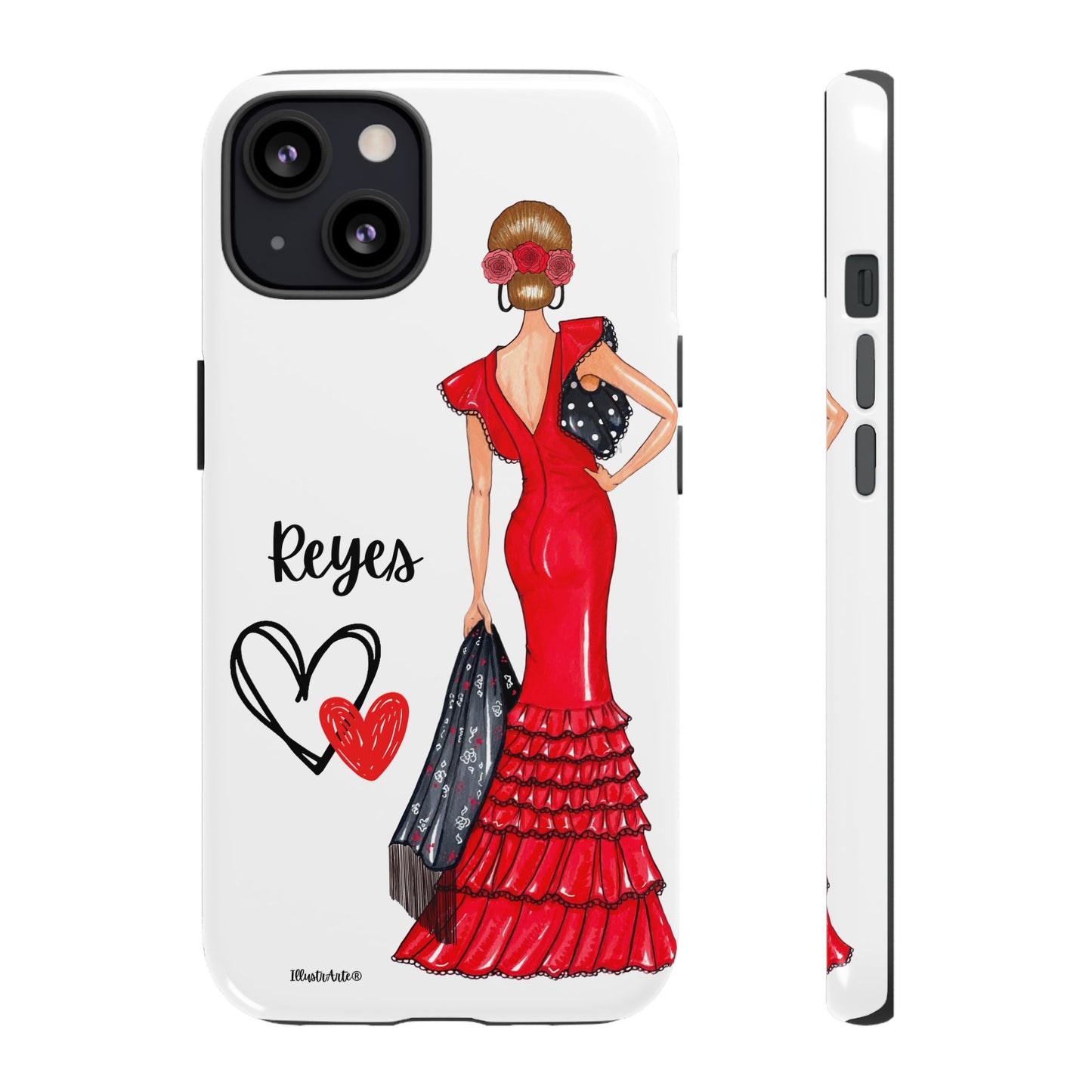 una funda de teléfono con una mujer en un vestido rojo