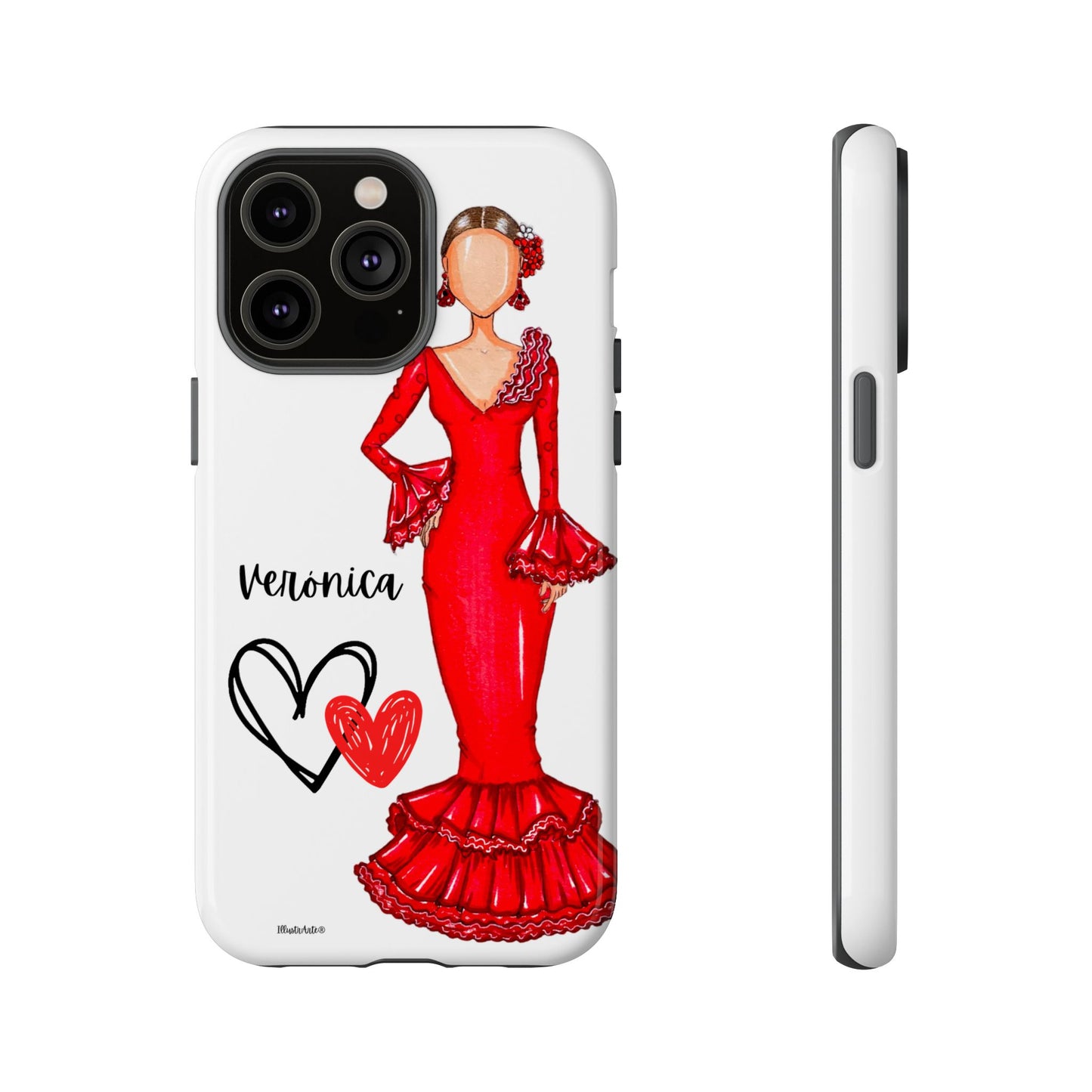 una funda de teléfono con un dibujo de una mujer en un vestido rojo