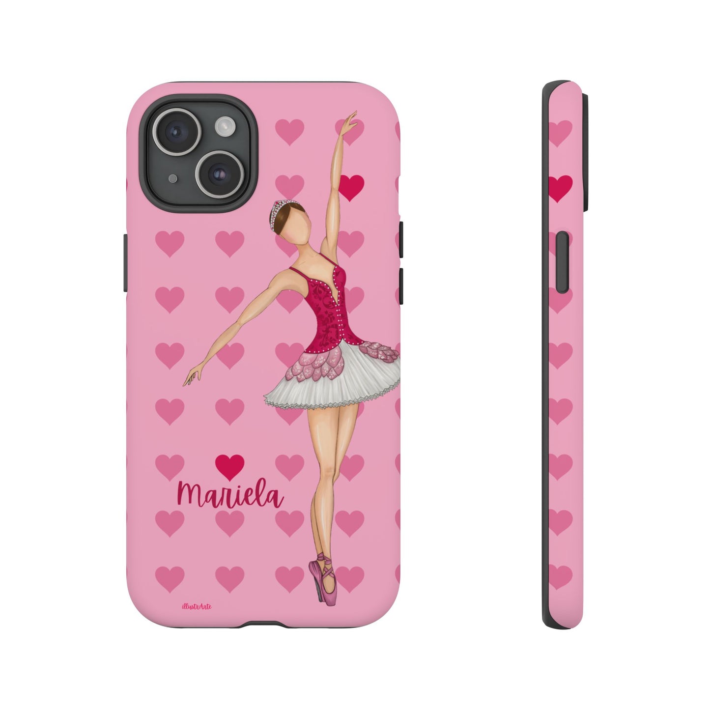 una funda de teléfono rosa con una bailarina en ella