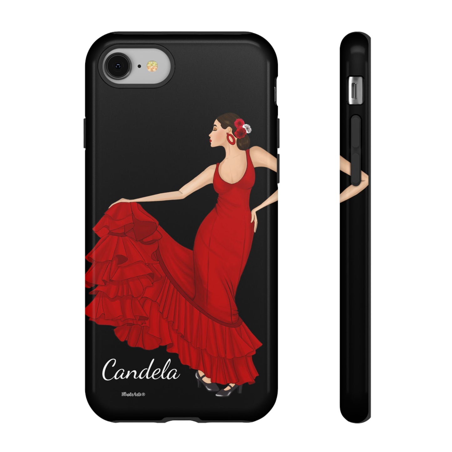 una funda de teléfono con una imagen de una mujer en un vestido rojo