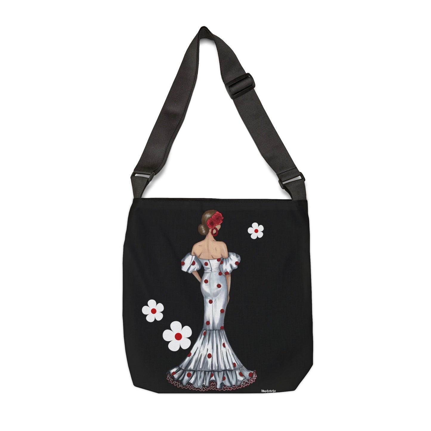 a black and white bag with a woman in a dress