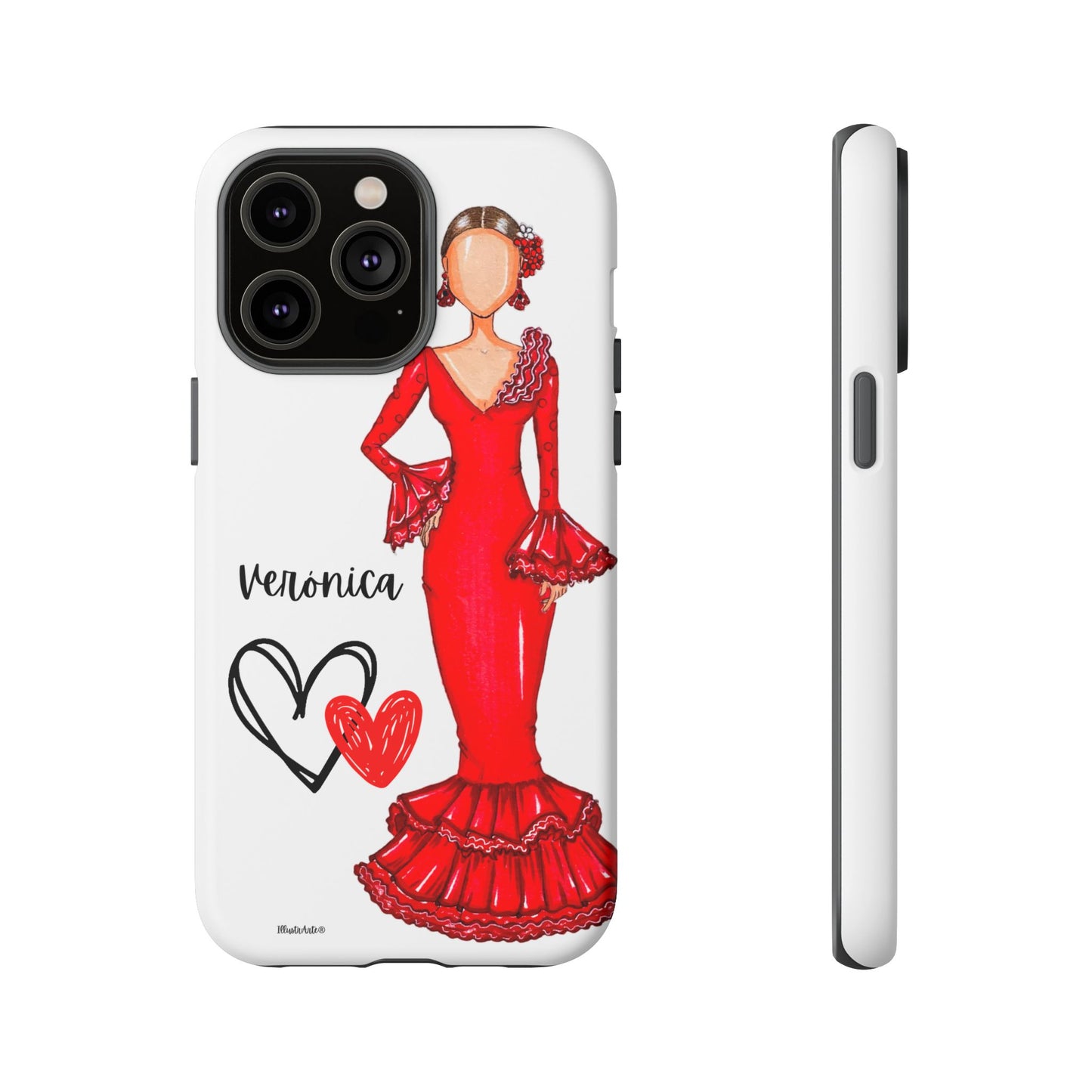 una funda de teléfono con un dibujo de una mujer en un vestido rojo