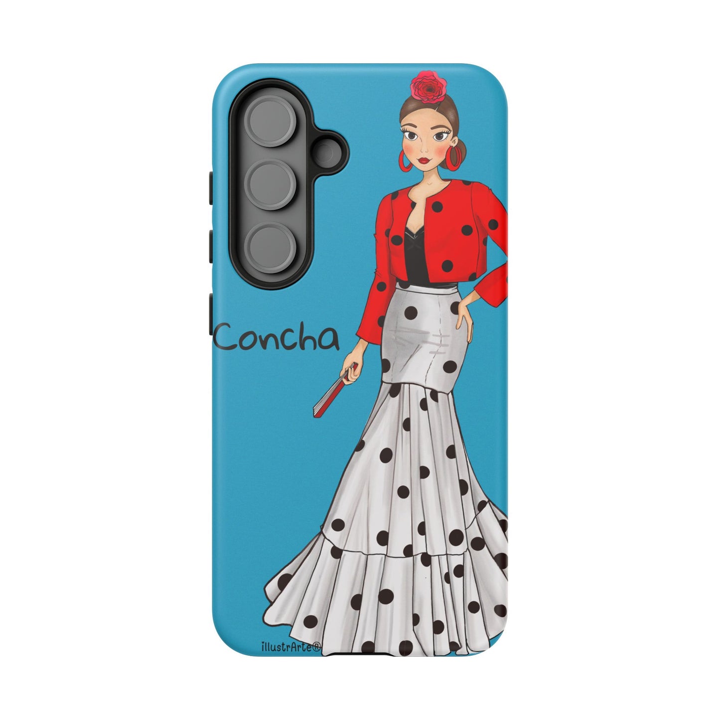 Funda de teléfono con encanto, Modelo Conchita fondo azul, ideal para mostrar tu personalidad.