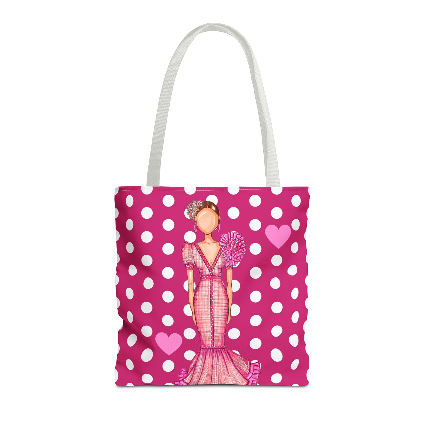 a pink and white polka dot bag with a woman in a pink dress