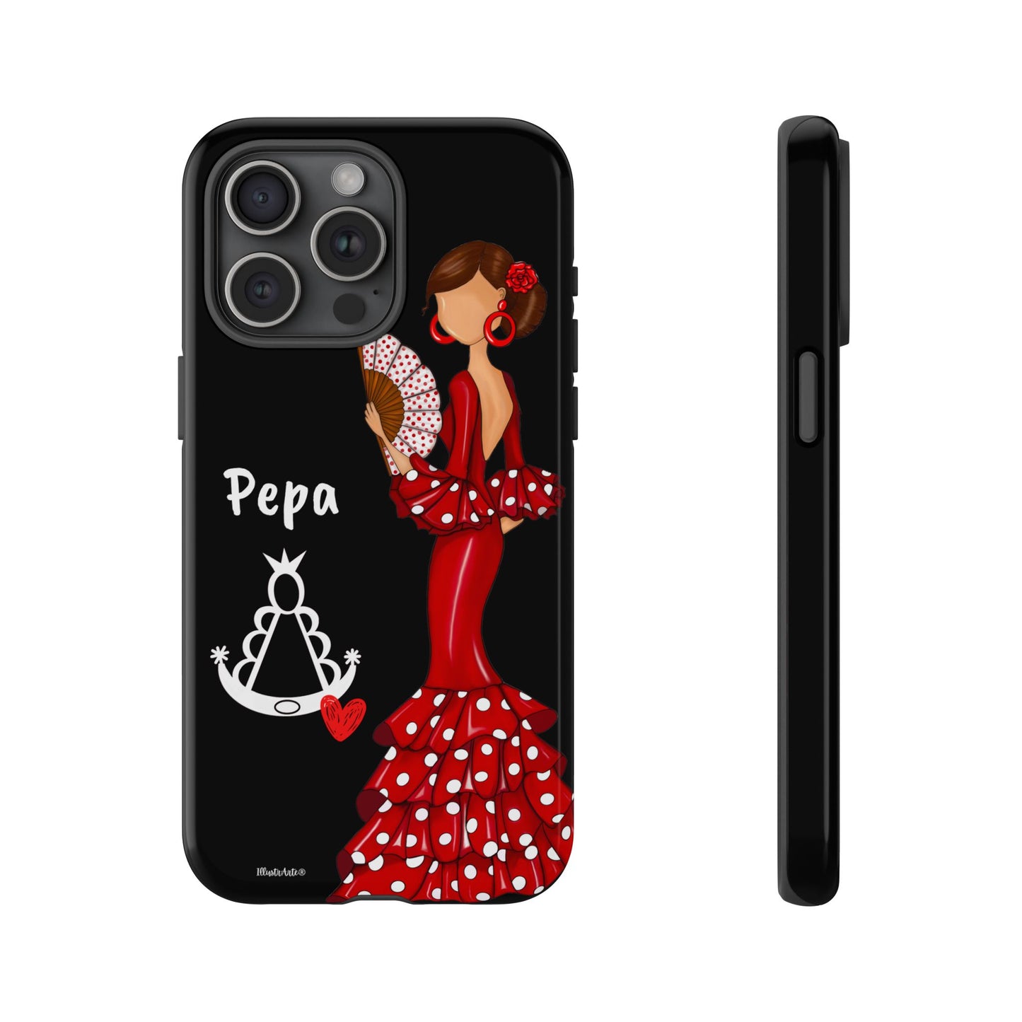 Personalized Pepa phone case on a black background with the Virgin Mary – for iPhone, Samsung, Pixel