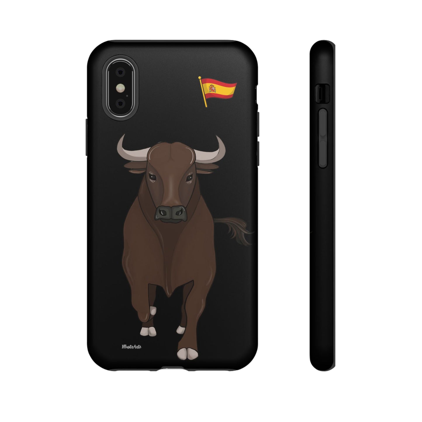 Vista lateral de la funda de teléfono toro Manuel, combinado colores vibrantes con nombre personalizado.