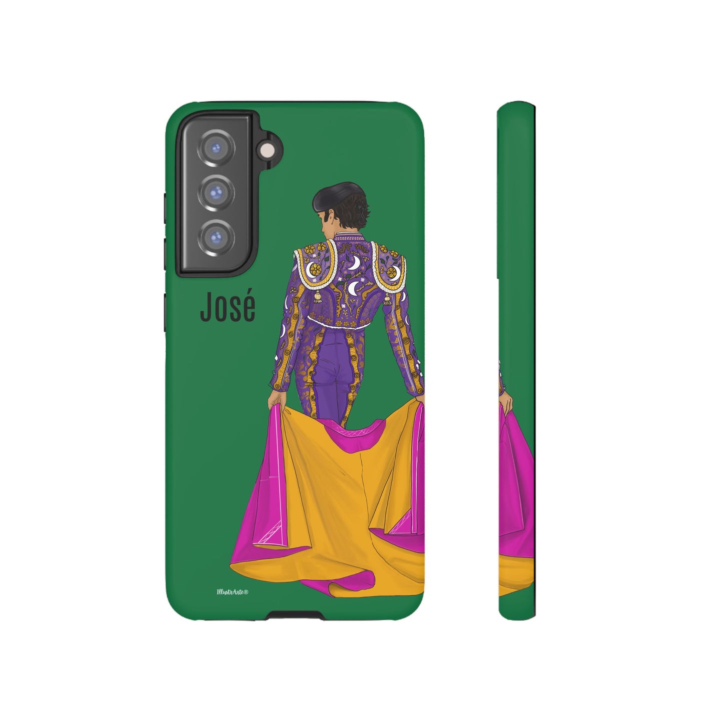 una funda de teléfono con una imagen de una mujer en un vestido púrpura y amarillo