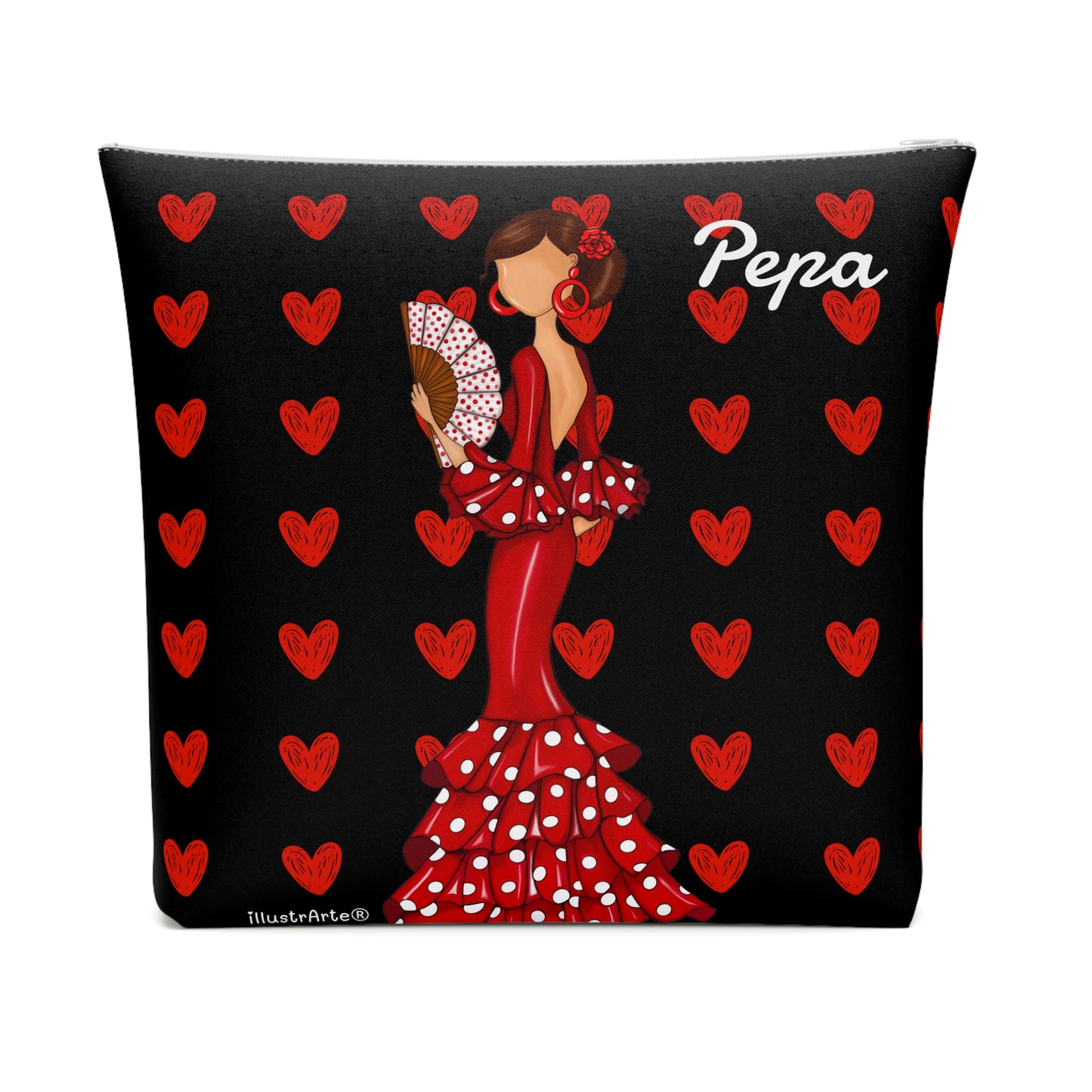 una almohada con una mujer en un vestido rojo