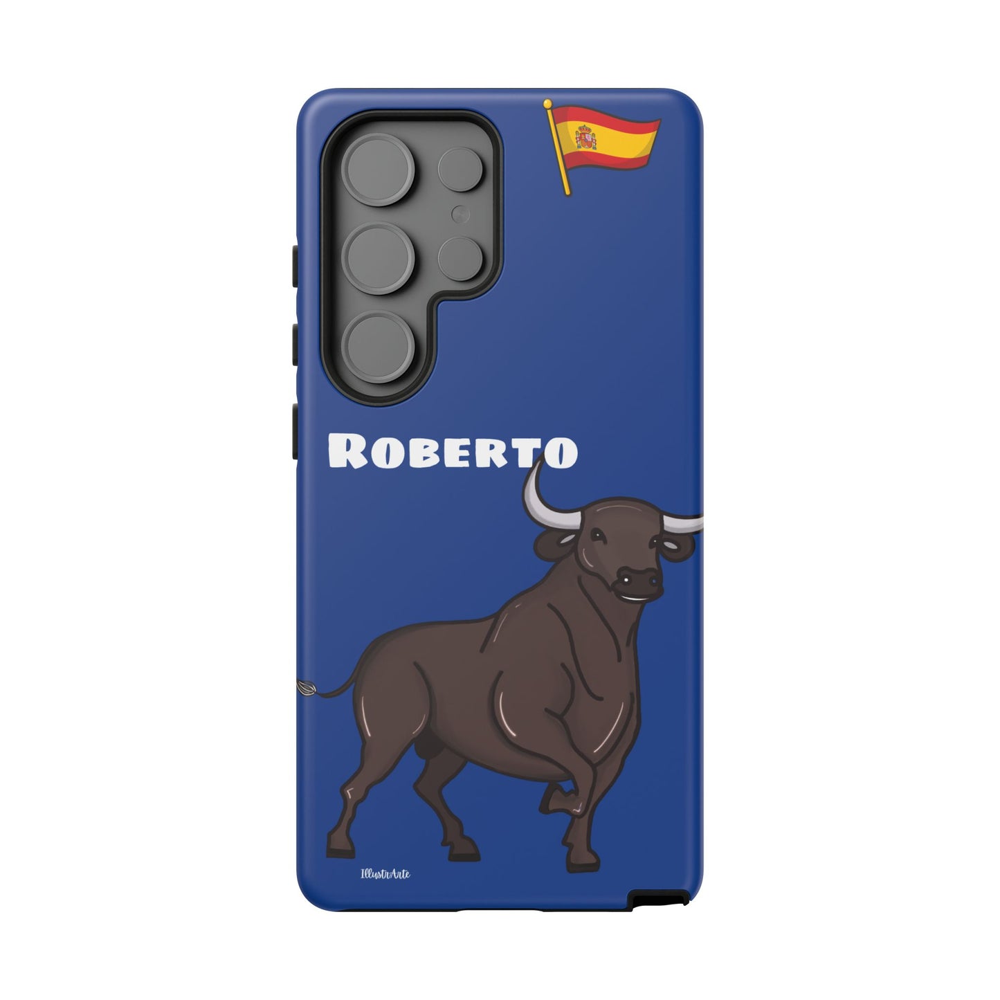 Funda de teléfono personalizable con nombre/bandera/Virgen - Modelo Toro Roberto, diseñada para el amante de la cultura.
