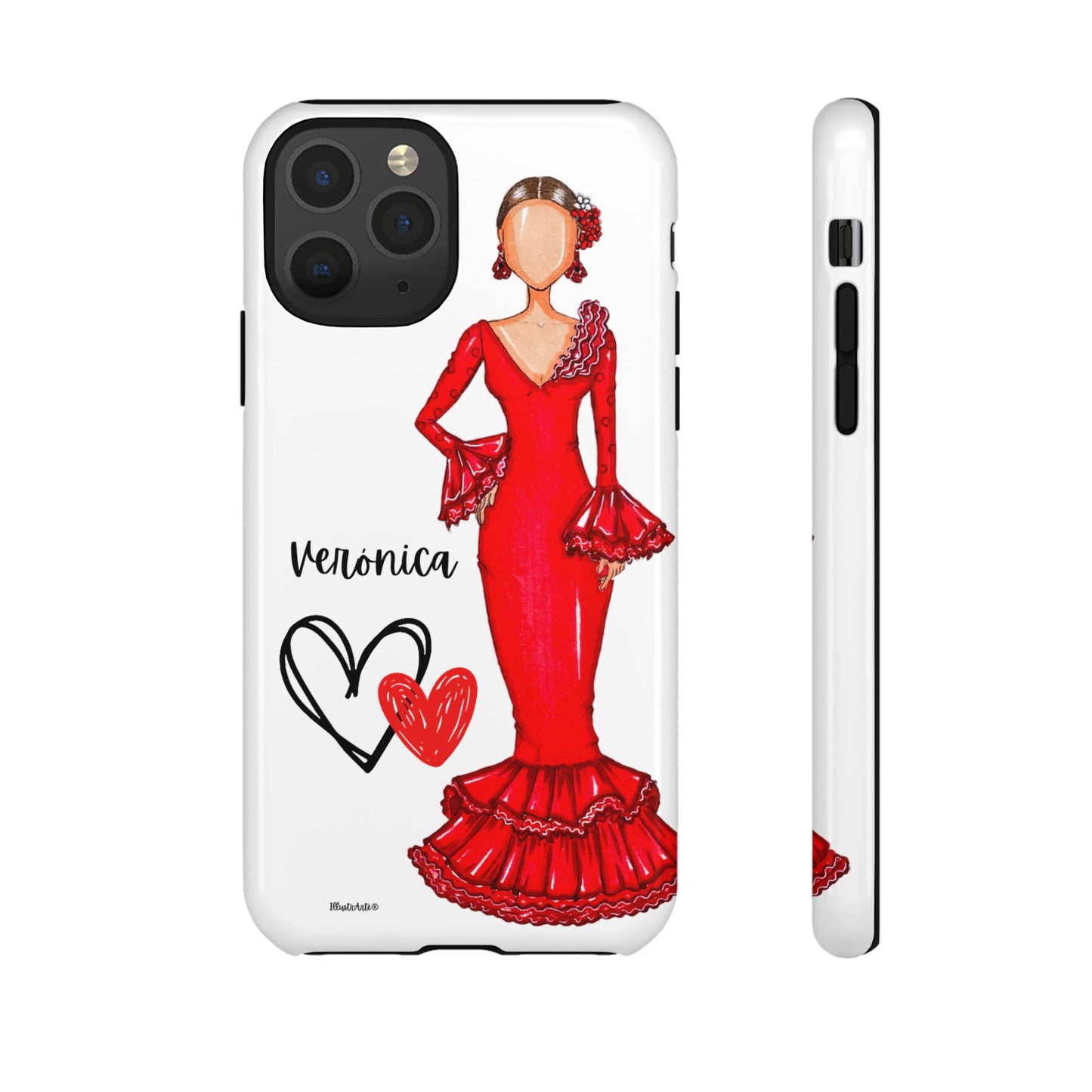 una funda de teléfono con una mujer en un vestido rojo