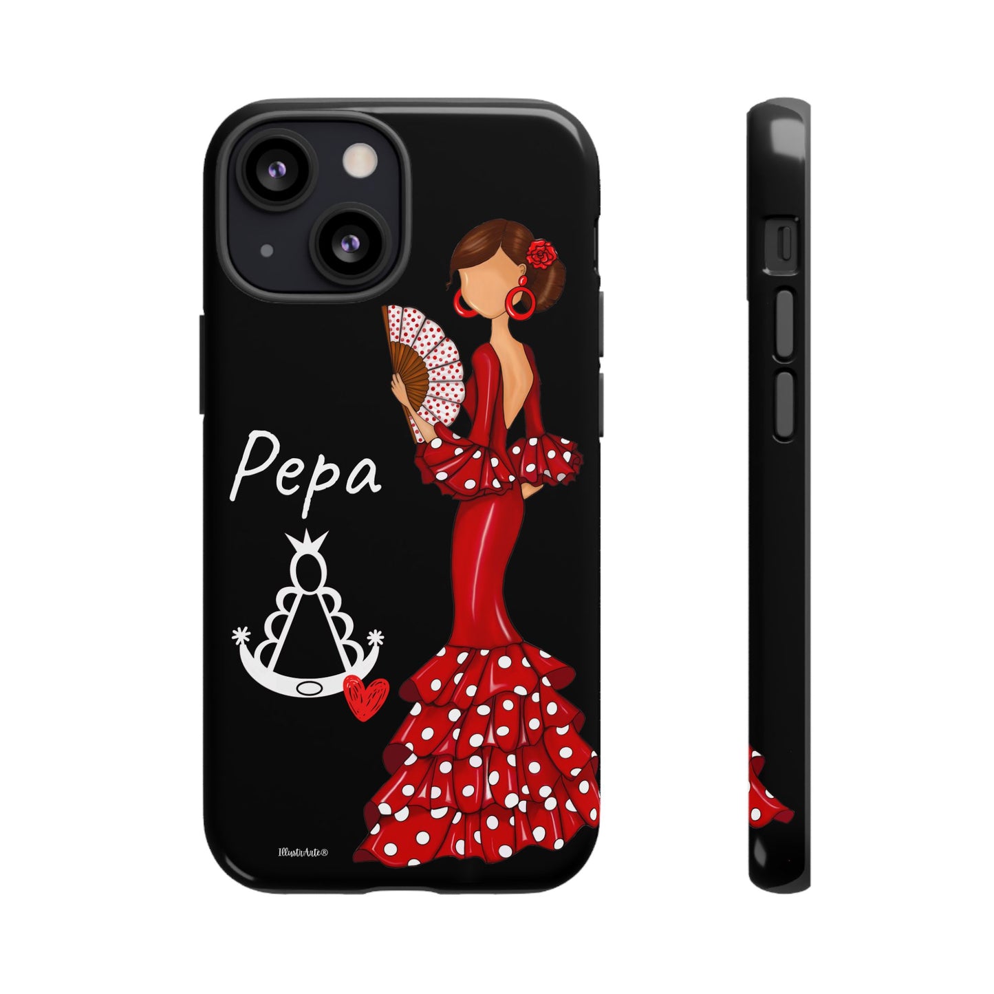 una funda de teléfono con una mujer en un vestido rojo