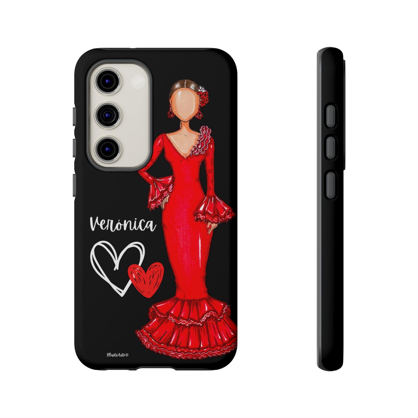 una funda de teléfono con una imagen de una mujer con un vestido rojo