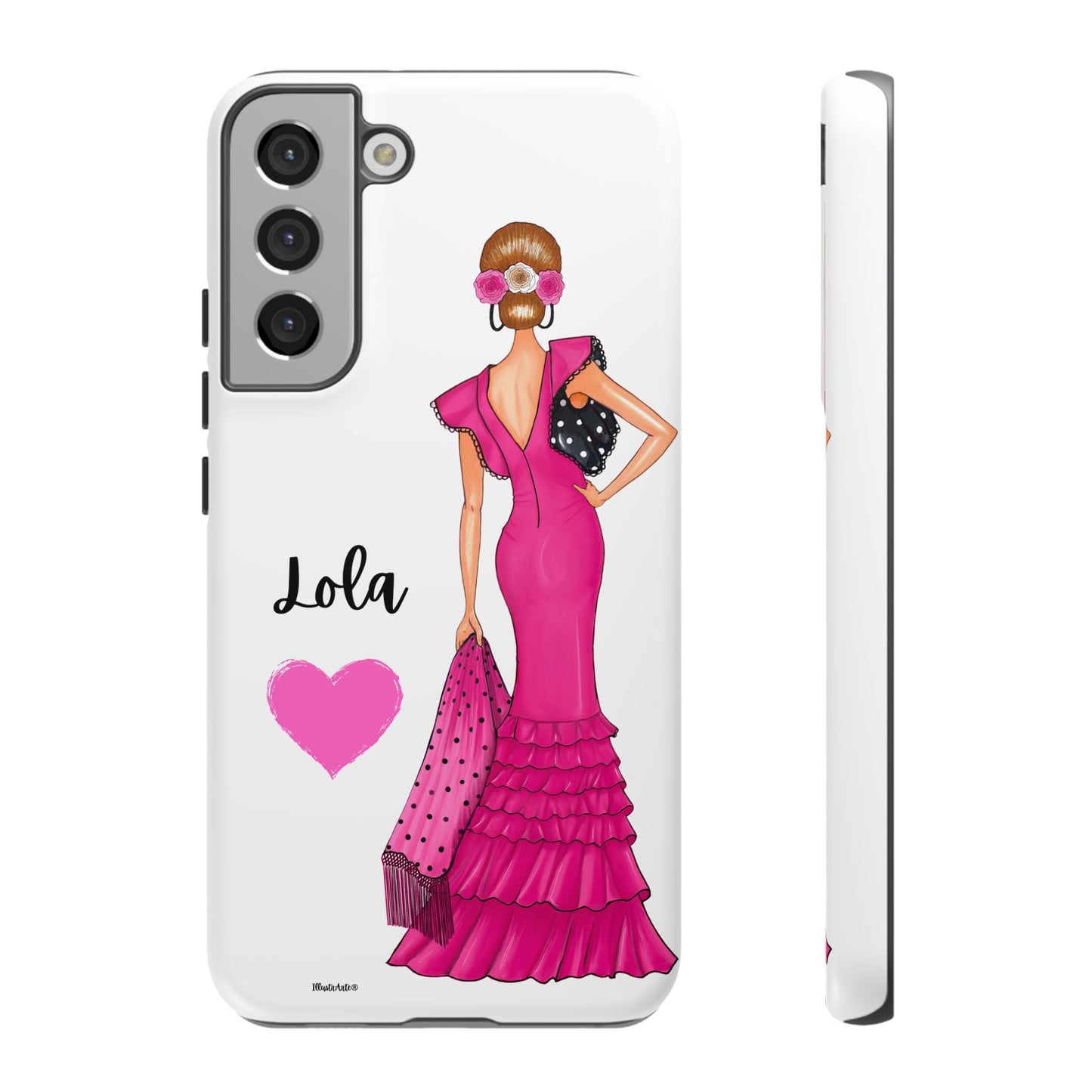 una funda para teléfono con una mujer en un vestido rosa