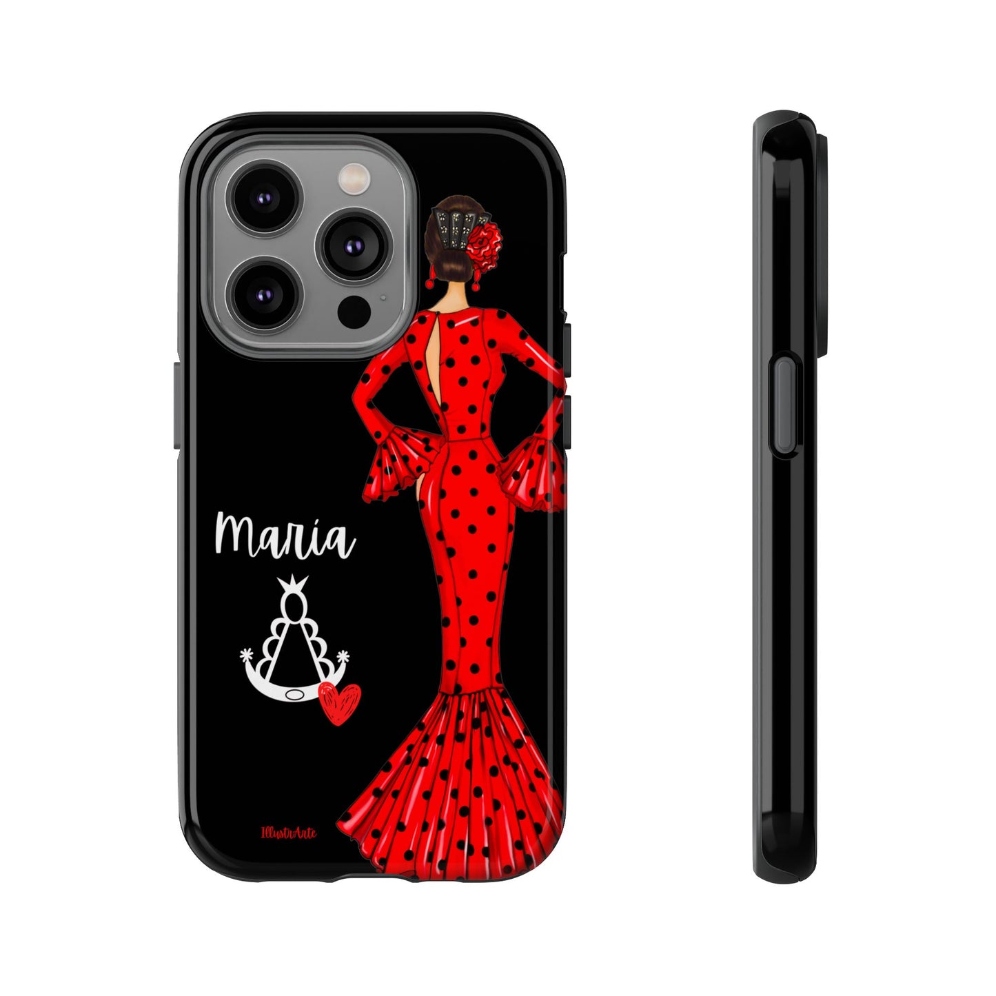 una funda de teléfono con una mujer en un vestido rojo