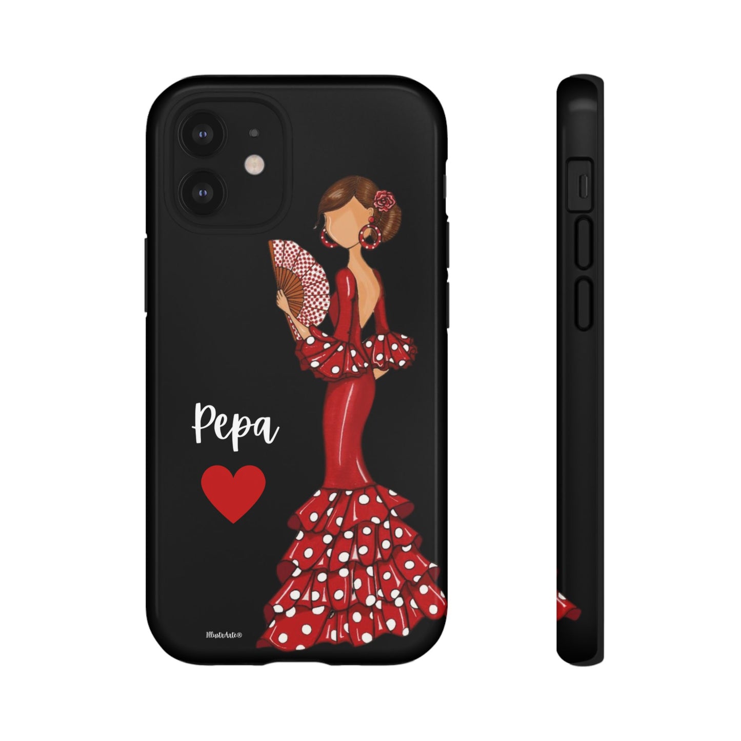 una funda de teléfono con una mujer en un vestido rojo