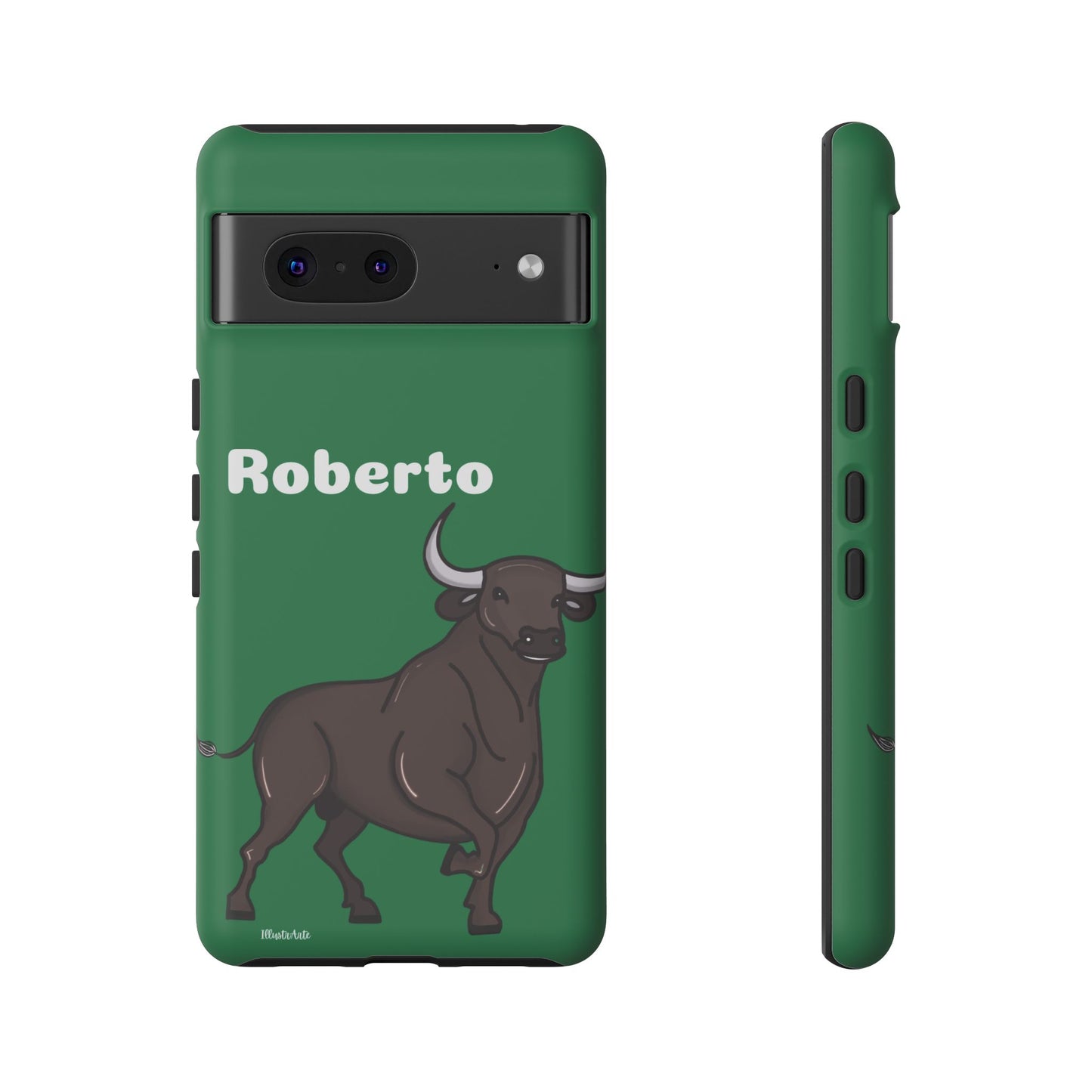 una funda de teléfono verde con un toro en ella