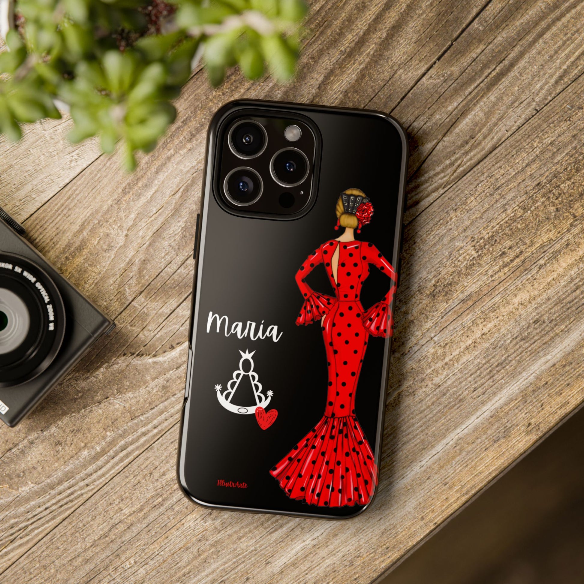 una funda de teléfono con una dama en un vestido rojo