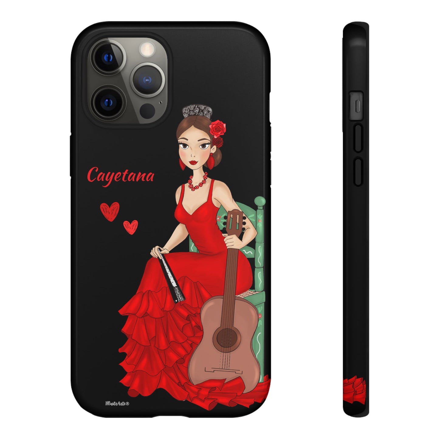 una funda de teléfono con una mujer en un vestido rojo sosteniendo una guitarra