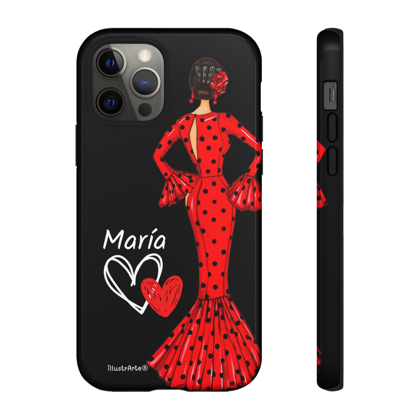 Capa de celular personalizável com nome/bandeira/Virgem - modelo Red Maria com cabelo escuro, fundo preto, para iPhone, Samsung e Google Pixel