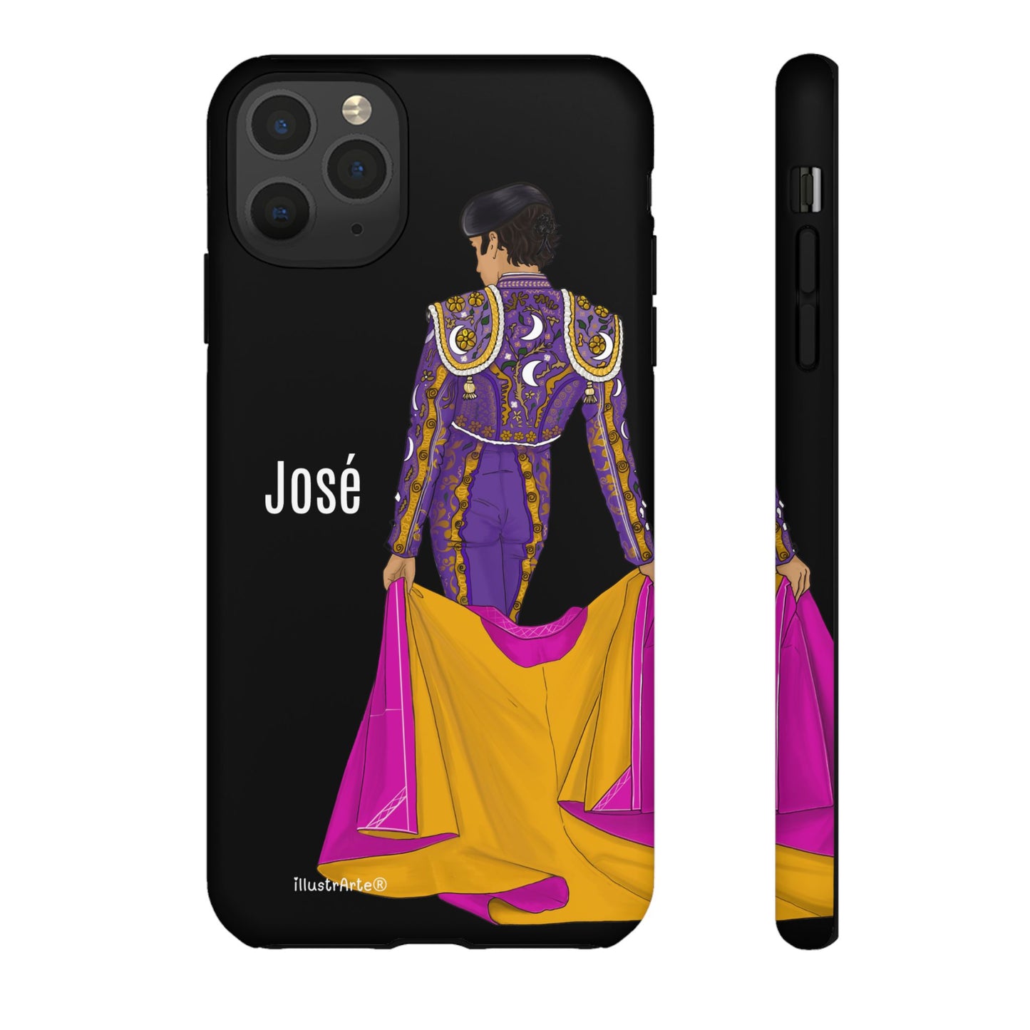 Personalized phone case featuring bullfighter José on a green background – for iPhone, Samsung, Pixel